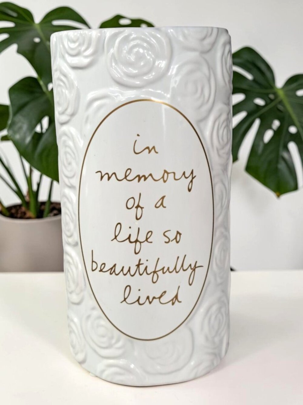 Sandra Magsamen Cream Embossed Rose Ceramic Vase Memory life so beautifully